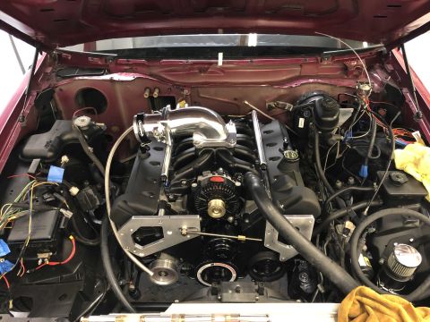 1992 Ford Crown Victoria - The engine bay of a 1992 Ford Crown Victoria shows a modified engine with custom intake and wiring.