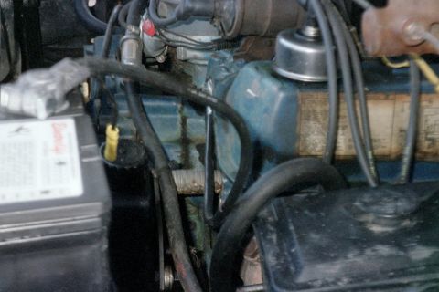 1979 Ford Bronco - Engine bay view of a blue Ford V8 with a yellow dipstick handle, black rubber upper radiator hose, vacuum lines and an emissions decal on t…