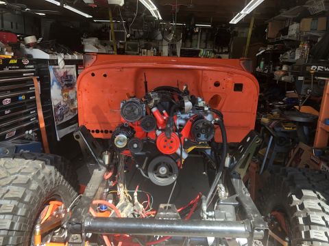 1992 Jeep Wrangler - Jeep Wrangler engine bay with the engine removed from the chassis for work.