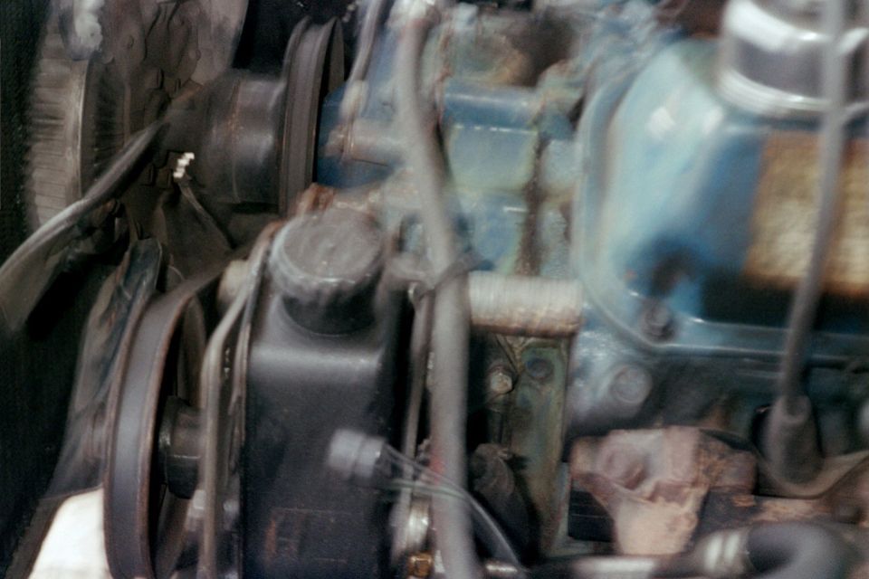 Power steering pump and V-belt on a blue Ford V8 engine in a grimy engine bay