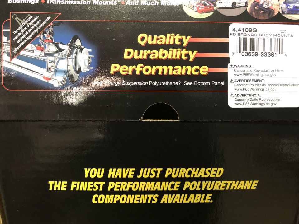 Box for Ford Bronco body mounts, shows diagram of suspension parts and text about quality