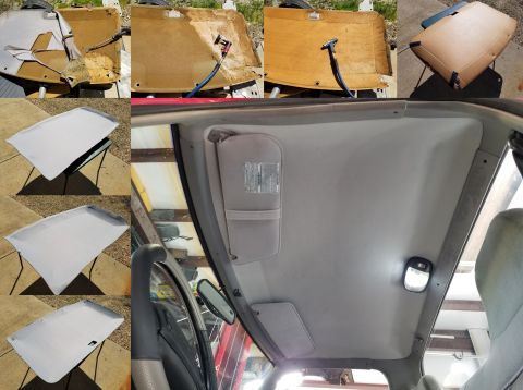 1997 Ford F-250 - The weather was nice enough to remove the old headliner fabric, patch the backer board, glue & stretch the new fabric on (~$13/yd at a loca…