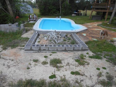 1992 Ford Bronco - A bulldog surveys the scene next to a swimming pool under construction, with cinder blocks forming a border.