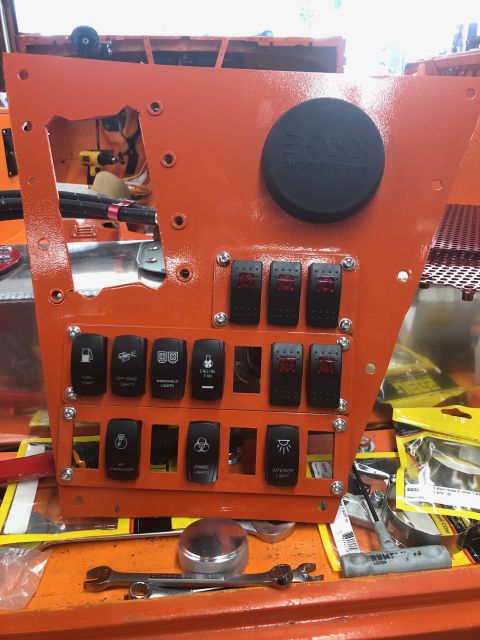 1992 Jeep Wrangler - Custom orange switch panel features labels for various functions including fuel pump, off-road lights, and interior light, with a BOSS Audi…