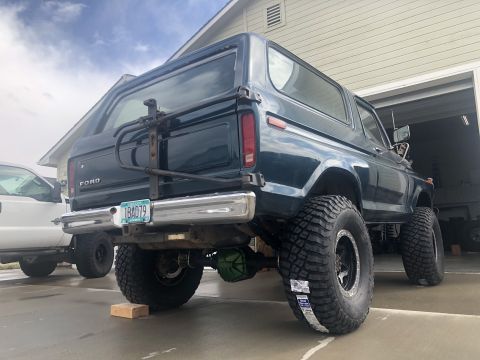 1979 Ford Bronco - This 1978 Ford Bronco has a rear-mounted spare tire carrier and large off-road tires.