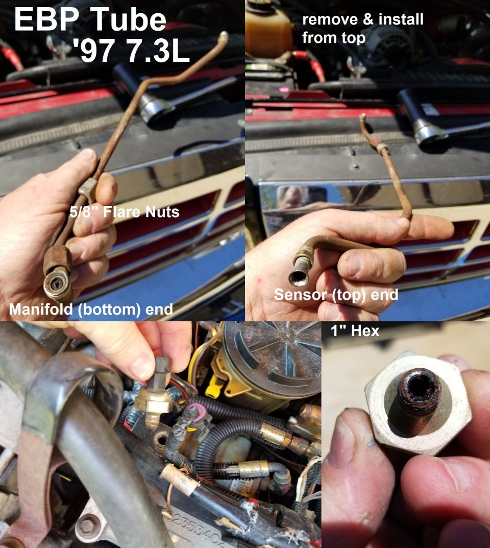 EBP tube and sensor removal/installation guide for a '97 7.3L engine, showing flare nuts and hex size