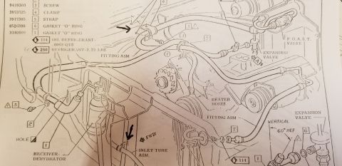 1970 Pontiac Firebird - This diagram illustrates the components of a vehicle's air conditioning system, including hoses and valves.