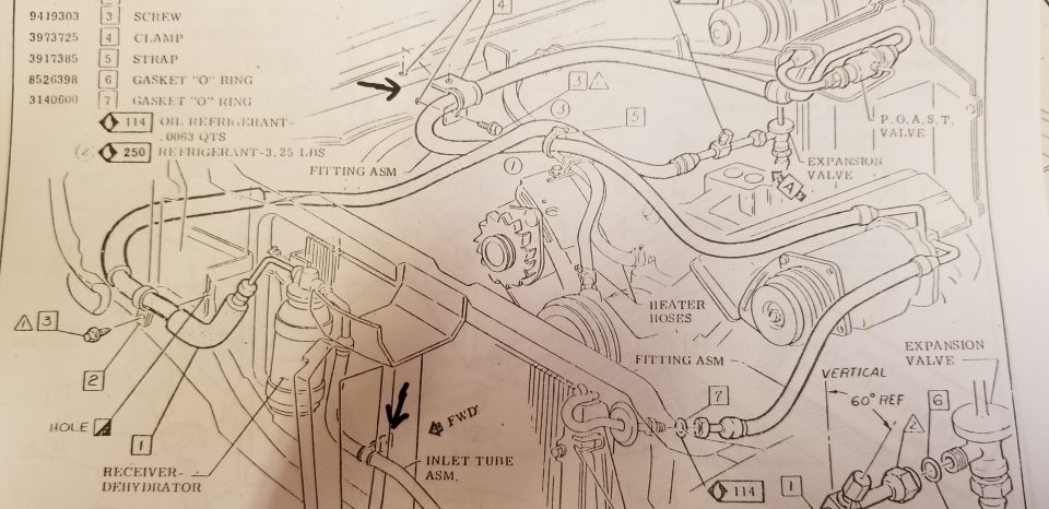 Air conditioning hose and component routing schematic showing receiver-dehydrator and fittings