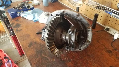1985 Ford Bronco - Differential carrier with gears on a wooden workbench, possibly for a Ford Bronco.