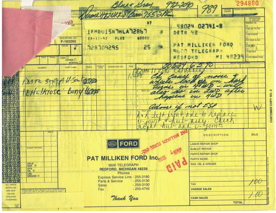 Ford service receipt from Pat Milliken Ford detailing work on a vehicle, including axle replacement