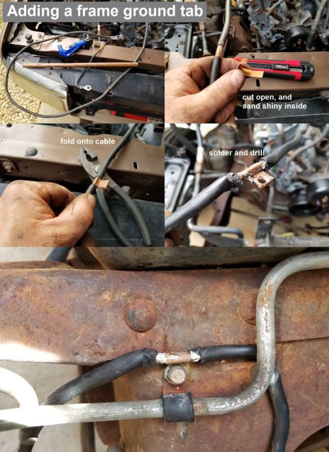 1993 Ford F-250 - This cheap replacement negative cable lacked a frame ground tab, so I made one from a short piece of Copper tube and soldered it on. IF THE…