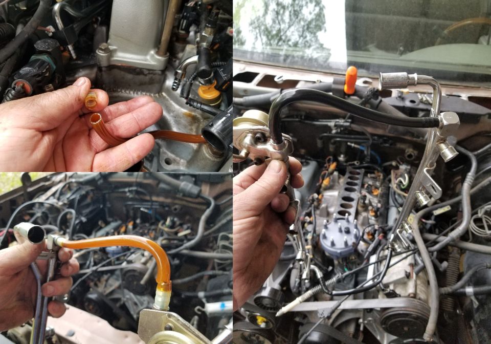 Collage of a fuel line repair showing cracked amber plastic line and a fuel rail with new black hose