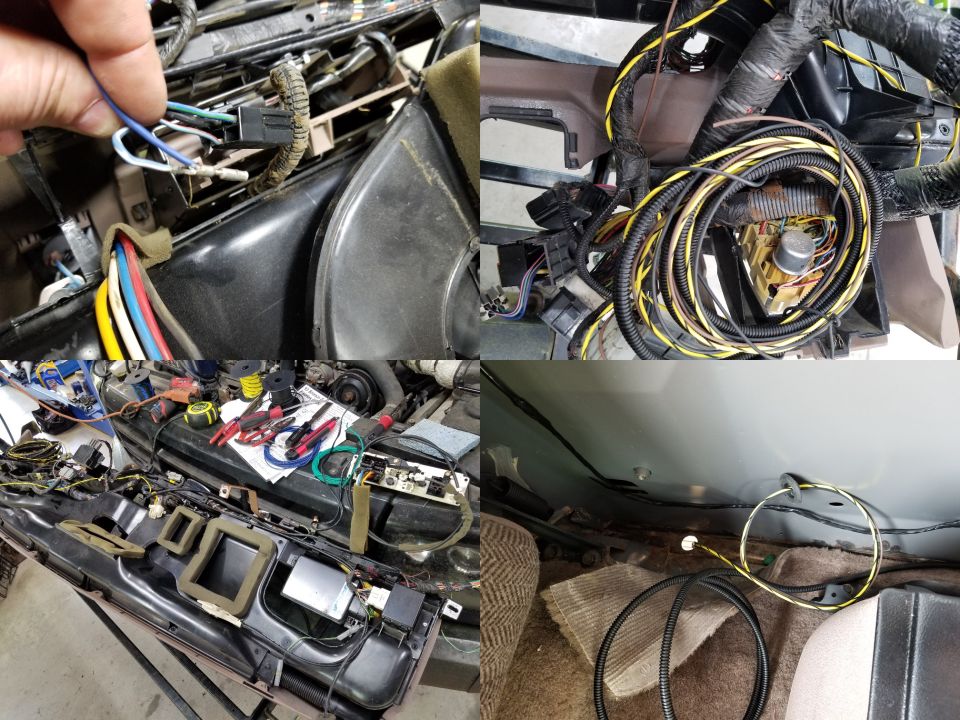 Before re-installing the dash, I extended the power socket circuit for later devices, and added some long wires to the marker light & radio (key-switched) circuits. They're going out a floor grommet & into the bed for LEDs & 12V or USB charging in a bed tool box. I also swapped to the later pull-pull temperature cable.
IF THE IMAGE IS TOO SMALL, click it.