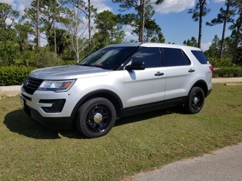 2017 Ford Explorer - Silver SUV with black wheels and tinted windows parked on a grassy area under a partly cloudy sky.