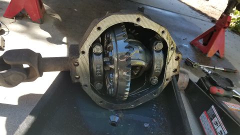 1985 Ford Bronco - The open differential housing of a vehicle is shown, with the ring gear and spider gears visible inside. A driveshaft yoke is attached to t…
