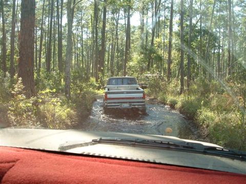 1986 Ford Bronco - Two trucks navigate a muddy trail surrounded by dense trees.
