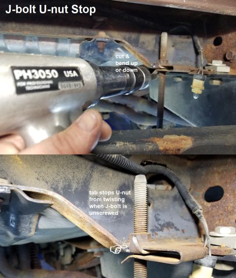 1993 Ford F-250 - Because the U-nut for the spare's J-bolt swivels & twists on the angled part of the crossmember, making it difficult to unscrew, I folded t…
