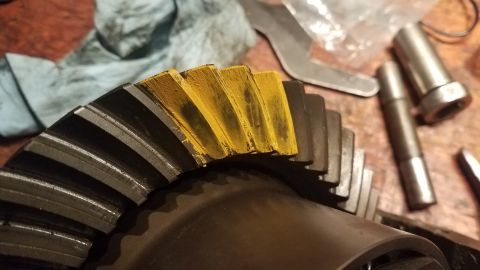 1985 Ford Bronco - This differential ring gear shows evidence of contact pattern testing with yellow marking compound.