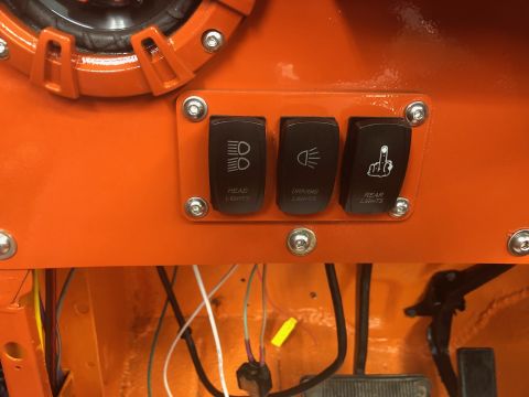 1992 Jeep Wrangler - Custom dashboard panel features three toggle switches for lights and exposed wiring underneath.