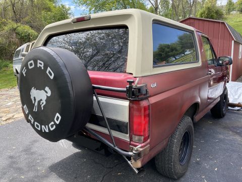 1994 Ford Bronco - The rear passenger side of a red Ford Bronco with a tan removable top is shown. A black spare tire cover with white "Ford Bronco" text and…