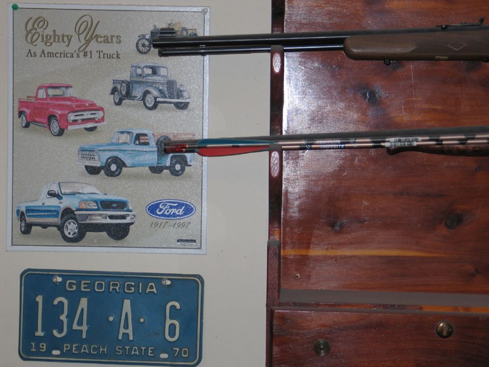 Ford truck poster showing trucks from different eras, a Georgia license plate, and two rifles on a wooden rack