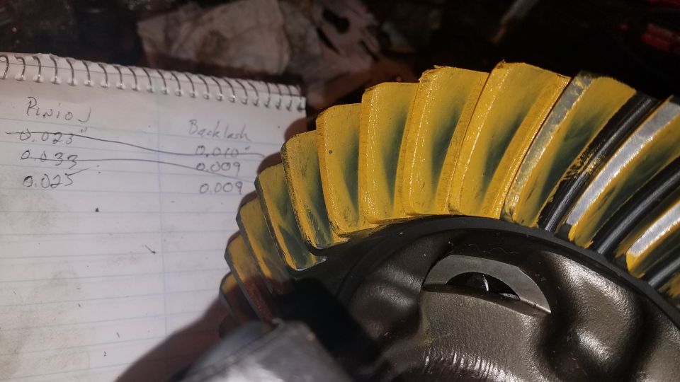 Differential ring gear with yellow marking compound and handwritten measurements.