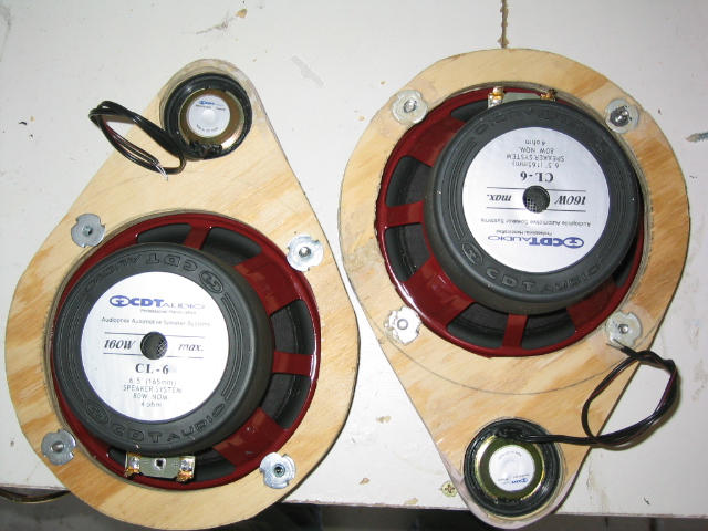 Pair of CDT Audio CL-6 6.5-inch woofers on plywood baffles with tweeters