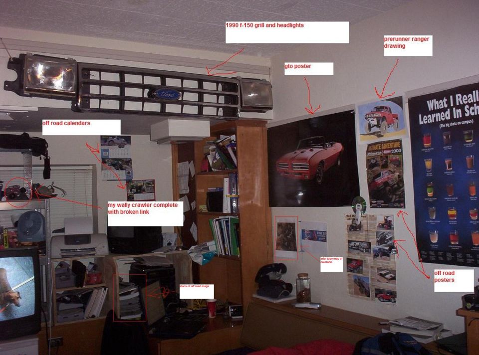 Dorm room with 1990 F-150 grille and headlights on the wall, labeled with red callouts