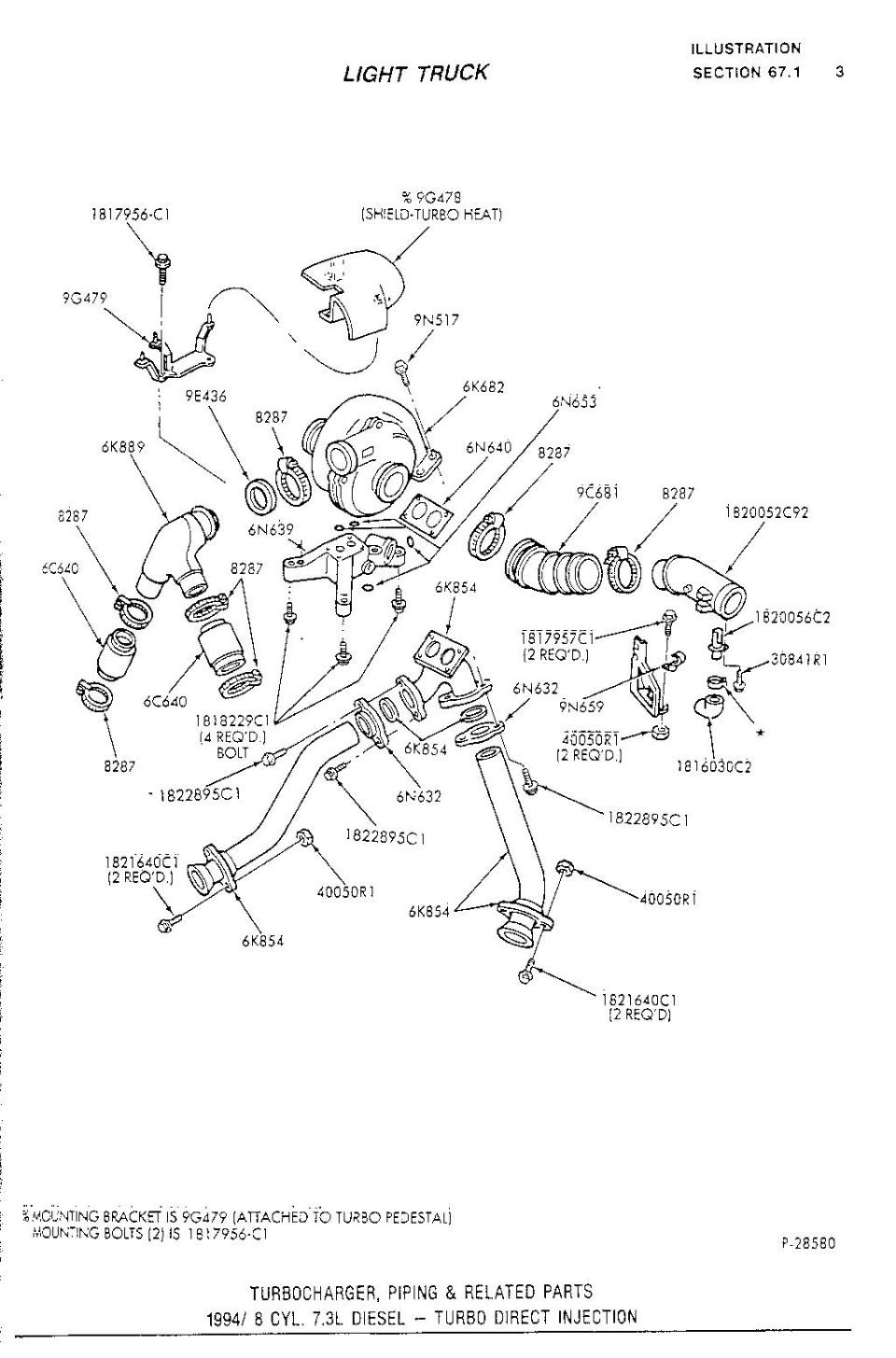 '94.5 7.3L diesel turbocharger and piping exploded parts illustration with part number callouts