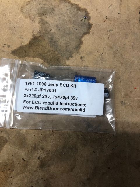 1992 Jeep Wrangler - A plastic bag containing a 1991-1998 Jeep ECU Kit with part number JP17001. The kit includes three 220µF 25v capacitors and one 470µF 35v c…