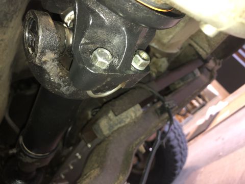 1980 Ford Bronco - Underside view of a vehicle's driveshaft connection point, showing mechanical components.