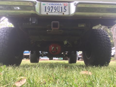 1979 Ford Bronco - The rear of a 1979 Ford Bronco is shown, a humorous smiley face on the differential cover and large tires.