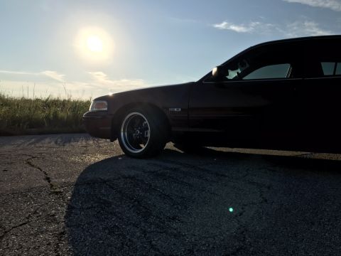 2004 Ford Crown Victoria - A dark sedan is seen from the side with the sun low in the sky.