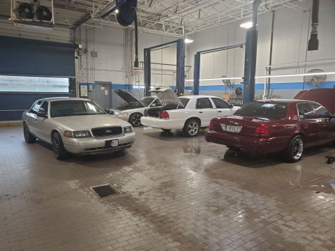 2004 Ford Crown Victoria - Several Ford Crown Victorias are parked in a garage with their hoods open.
