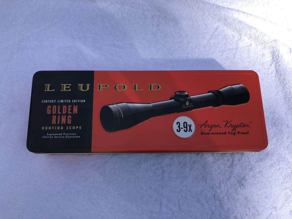Leupold Golden Ring hunting scope in its red and black case, showing 3-9x magnification and Argon Krypton fog-proof features