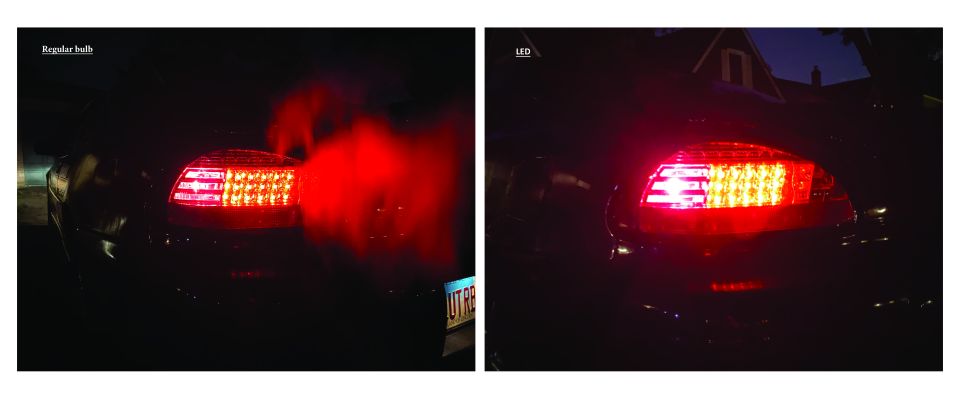 Comparison of car taillights: regular bulb vs. LED