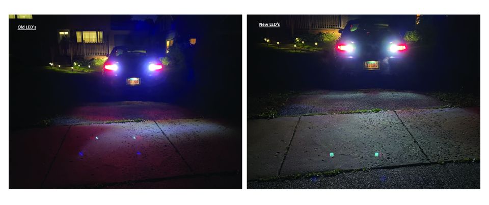 Comparison of old vs. new LED headlights on a sedan at night.