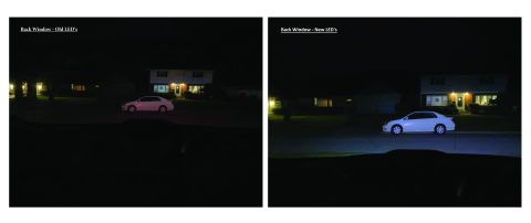 Comparison of old vs new LED lights on a white sedan at night.