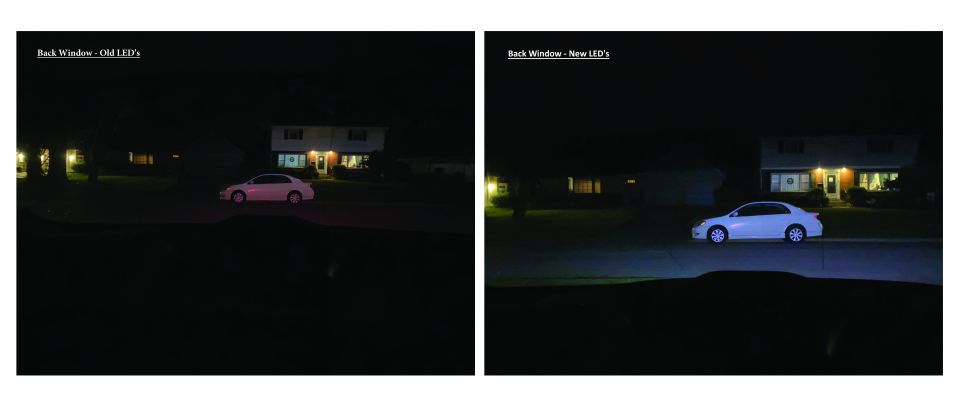 Comparison of old vs new LED lights on a white sedan at night.