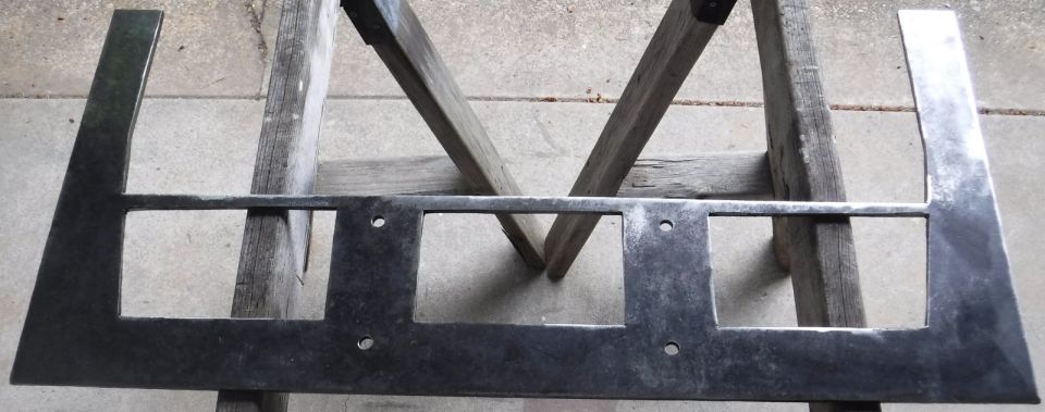 Inner and outer cuts completed on the winch plate, but still some cleanup to be done.  Next up is the vertical tabs to line up with the bumper mounts, building a front face with fairlead cutout, and getting the holes drilled for the sway bar mounts and tow hooks.
