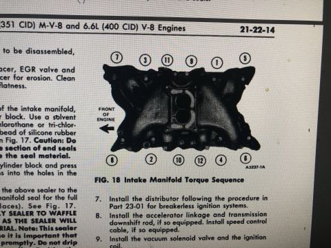 1980 Ford Bronco - Printed factory service manual page showing FIG. 18 intake manifold torque sequence for 5.8L (351 CID) and 6.6L (400 CID) V-8 engines.