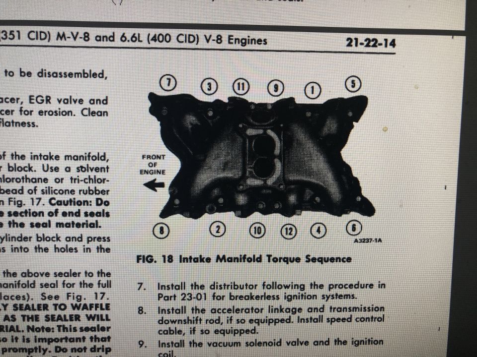 5.8L (351 CID) M V-8 and 6.6L (400 CID) V-8 intake manifold torque sequence, FIG. 18