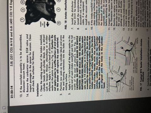 1980 Ford Bronco - This is a page from a manual detailing the installation of an intake manifold. It includes diagrams and step-by-step instructions with text.