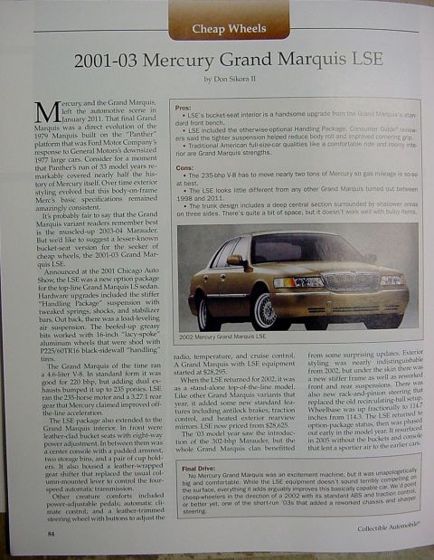 2003 Mercury Grand Marquis - Entire article on one page entitled "Cheap Wheels"