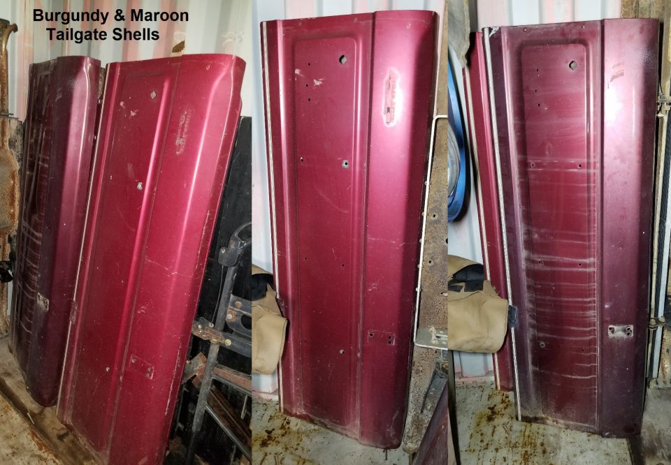 Junkyard reddish tailgate shells E8TZ-9840700-A
SOLD both.
IF THE IMAGE IS TOO SMALL, click it.

Actual dimensions: 71 lbs. 67x24x7"
Approximate shipping dimensions (in cardboard box): 80 lbs 69x25x9"
Approximate shipping dimensions (in wood crate): 98.5 lbs 70x 27x10&quot.