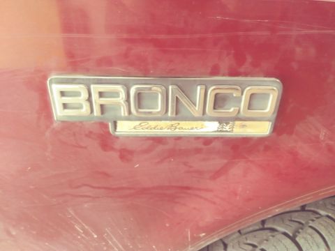 1996 Ford Bronco - A close-up shot shows the "BRONCO Eddie Bauer" badging on the side of a red vehicle. The emblem is silver with gold accents and is mounted…