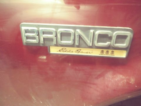 1996 Ford Bronco - A close-up of a chrome and yellow "Bronco Eddie Bauer" emblem is affixed to a red vehicle. The emblem features the word "BRONCO" in large c…
