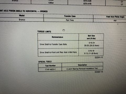1980 Ford Bronco - This is a close-up of a document detailing torque limits and special tools for a Ford Bronco. The document includes specifications for driv…