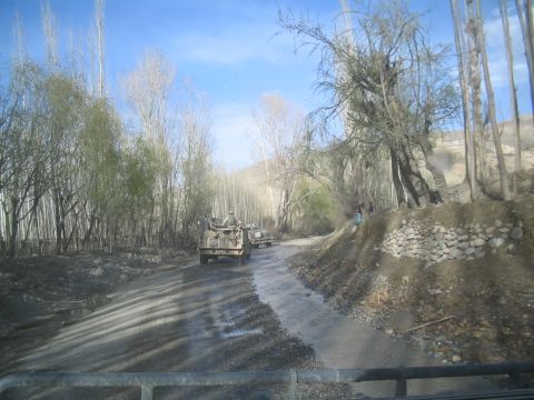 1981 Ford Bronco - A convoy of military vehicles travels down a rural road, passing through a wooded area under a clear sky.