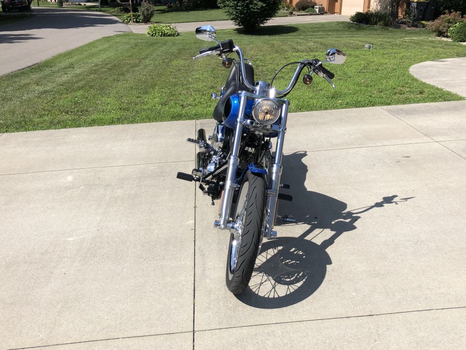 Blue Harley-Davidson Softail motorcycle parked on a concrete driveway, front view.